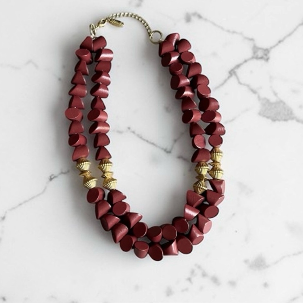 Red Beaded Statement Burgundy Necklace Gold Accent Adjustable Fashion Necklace